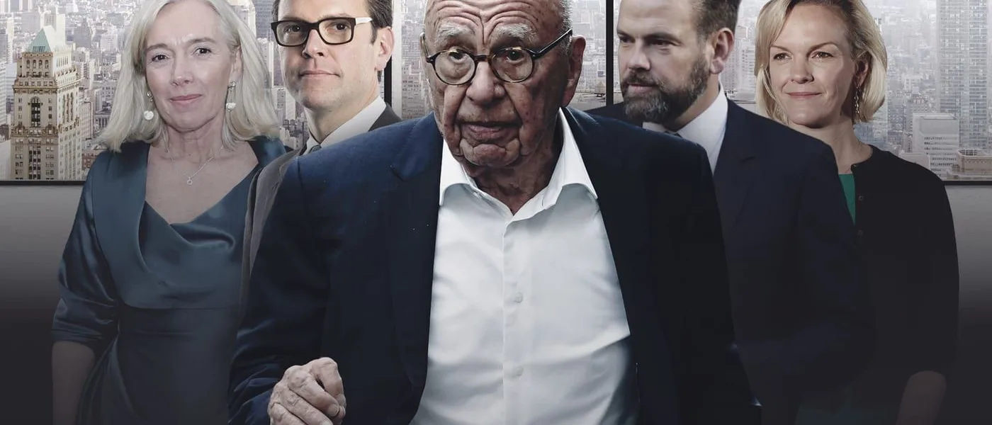 Rupert Murdoch surrounded by imagery evoking his media empire and the family succession battle over his billions