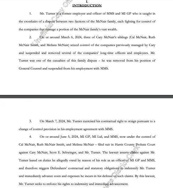 Court document from Wade Turner lawsuit seeking declaratory judgment against McNair Interests
