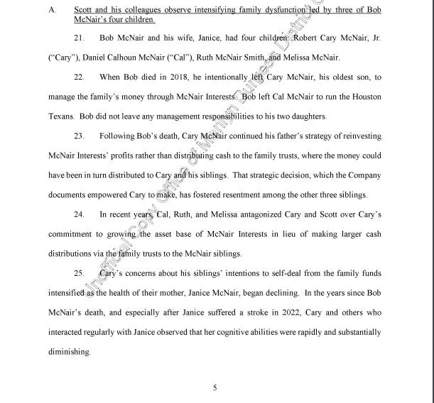 Court filing document detailing events leading up to the McNair Interests takeover